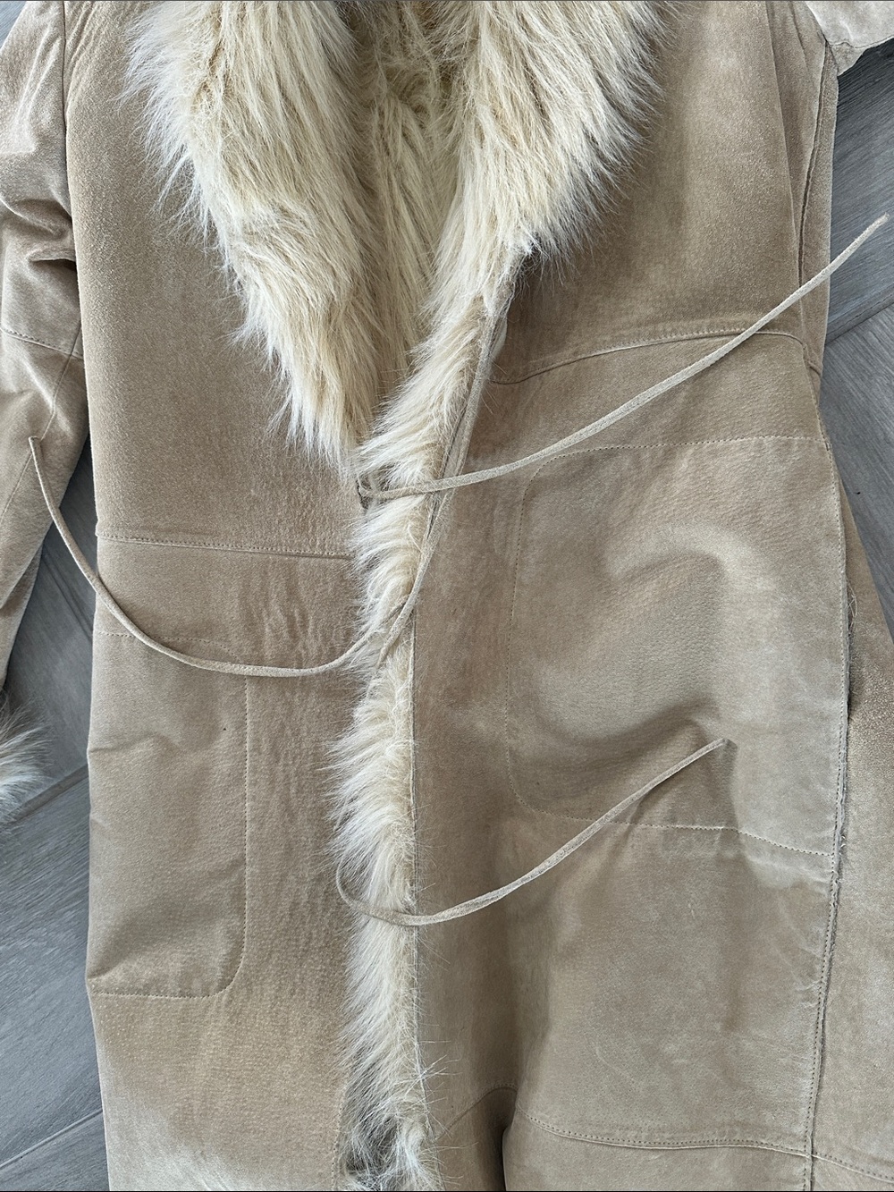 Leather Long Beige Faux Fur Trim Trench Coat - Picture 4 of 6